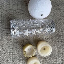 USB crystal table lamp w/o remote, moon lamp w USB port, and three used small wax candles.