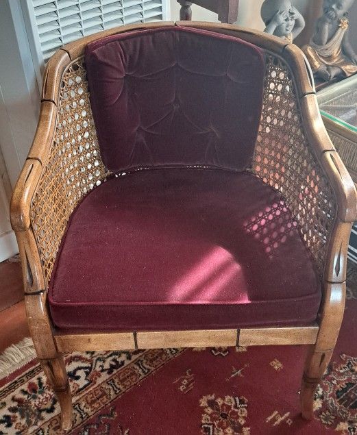 Maroon Velvet Faux Bamboo Caned Chair With Tufted Back