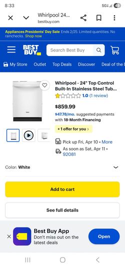 Dishwasher whirlpool white new open box  