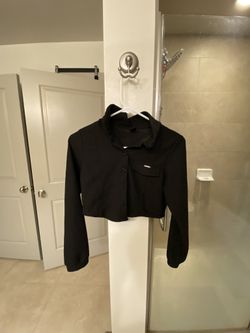 Dazy Womens Black Long Sleeve Button Up Collared Crop Top Size Small