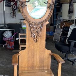 Antique Oak Hall Tree Chair with Mirror and Storage Bench