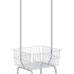 Rolling Laundry Bakset with Wheels, Laundry Cart with Hanging Rack, Metal Laundry Hamper Basket Butler Cart with Wheels and Wire Storage Rack, Silver 