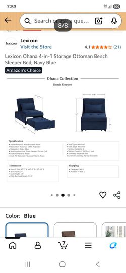 Lexicon Ohana 4-in-1 Storage Ottoman Bench Sleeper Bed, Navy Blue