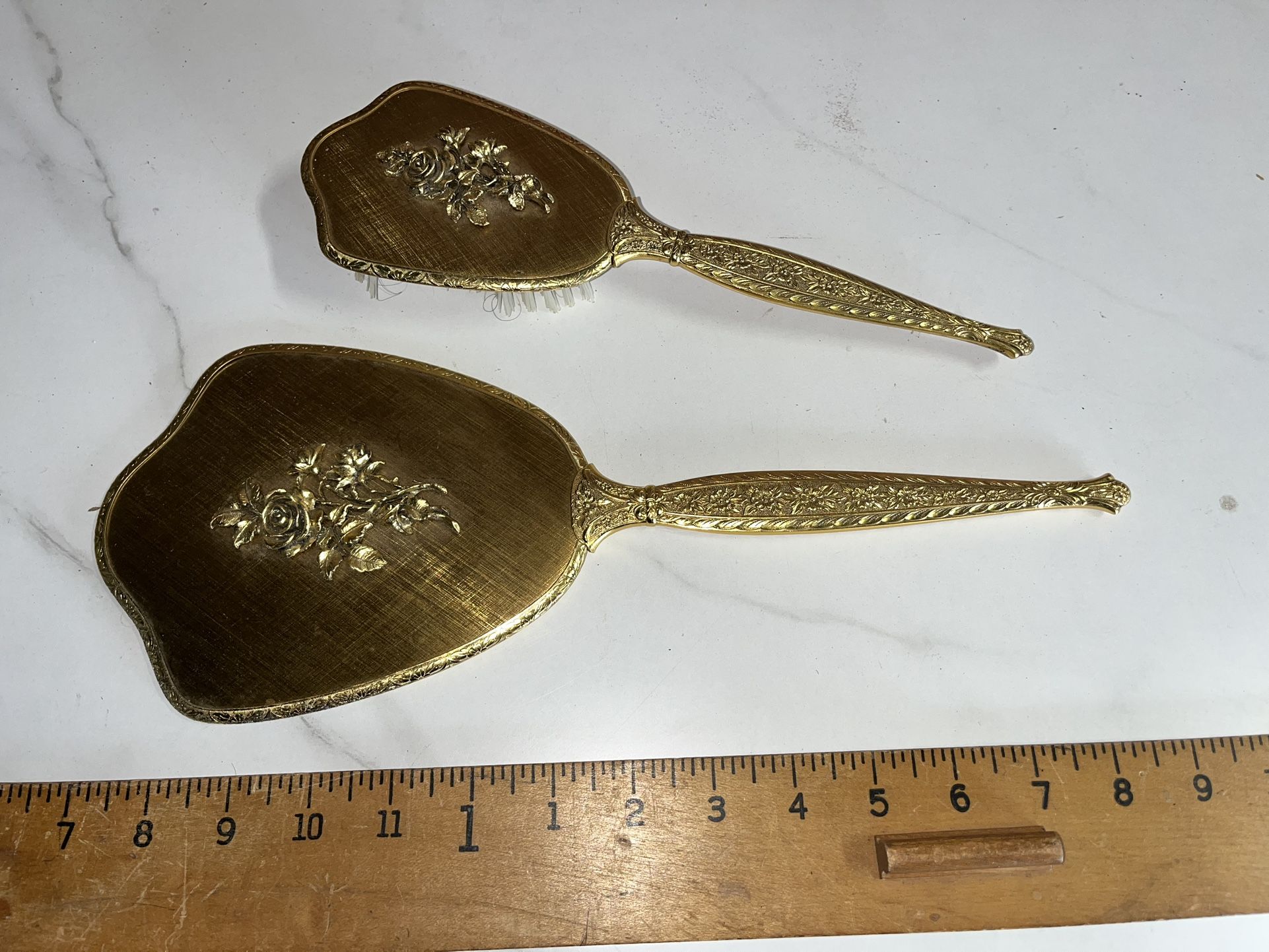 Matson Gold Ormolu Hand Held Mirror and Brush Vanity Set, Vintage Hollywood Regency
