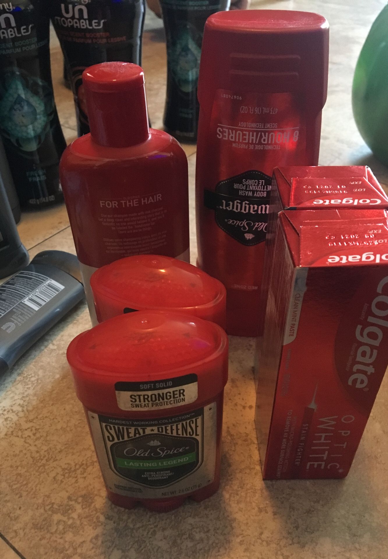 Old spice shampoo, deodorant, body wash , Colgate optic white