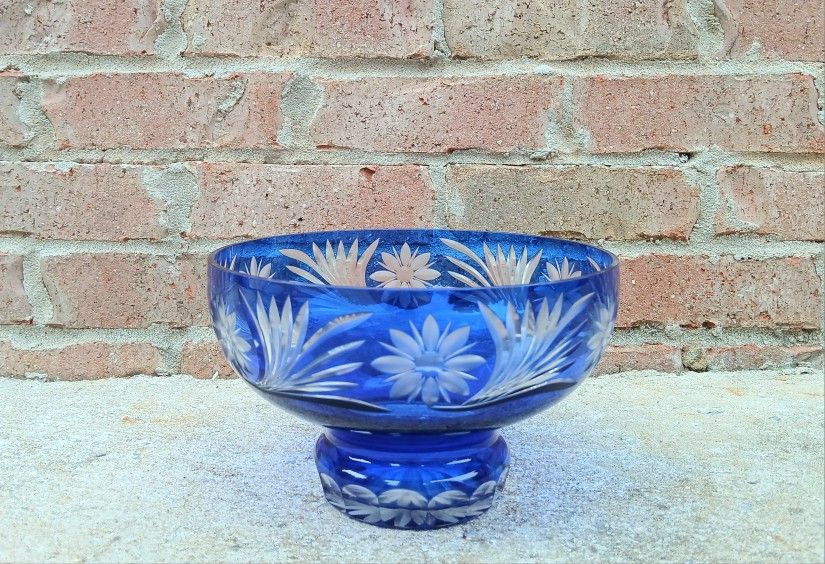 Vintage Badash Crystal Cobalt Blue Flowers/Leaves Bowl