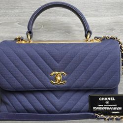 Chanel Trendy CC Navy Jersey Chevron Top Handle Shoulder Bag With Gold Hardware