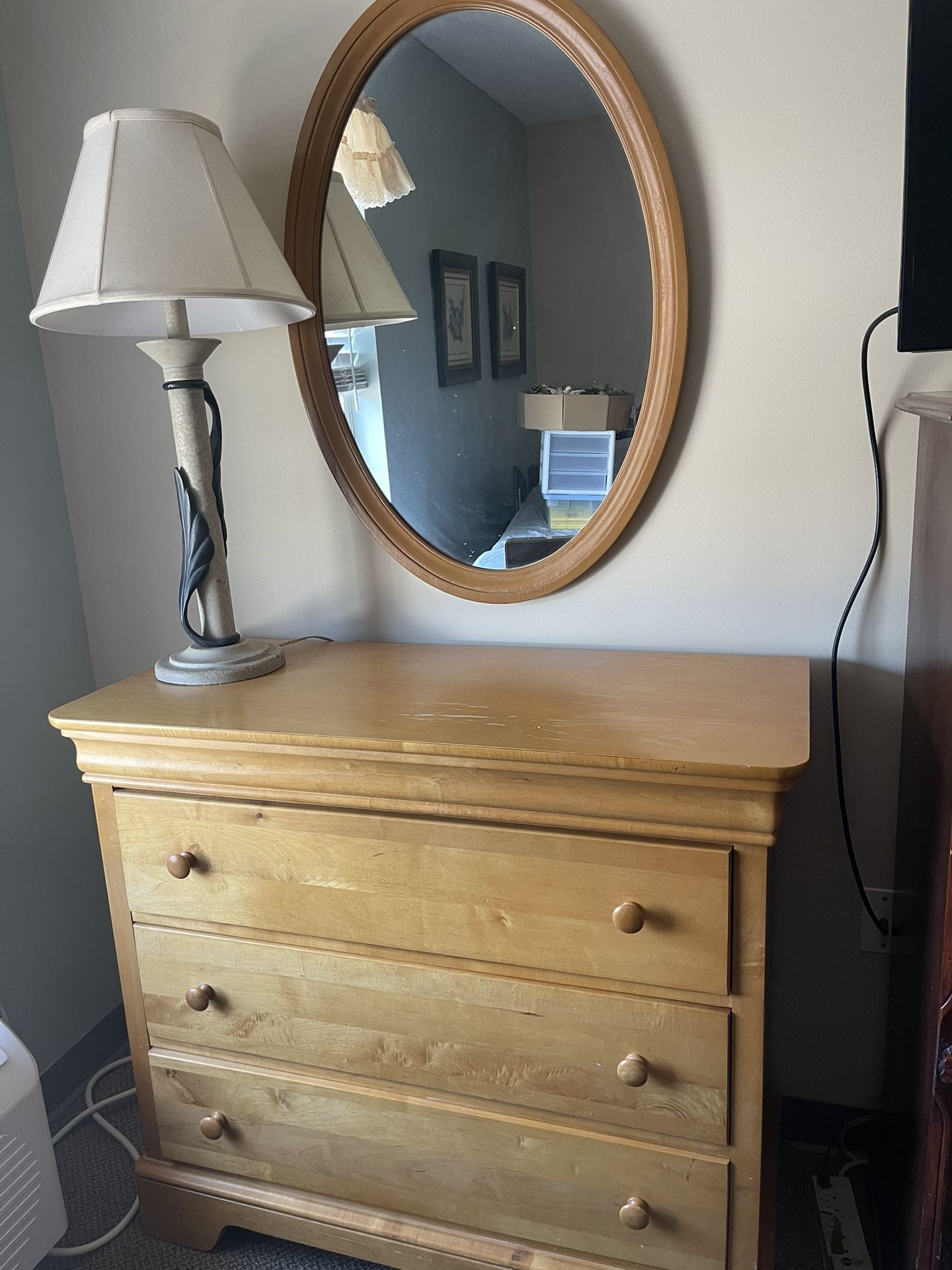 Solid Oak Chest Of Drawers And Oval Mirror