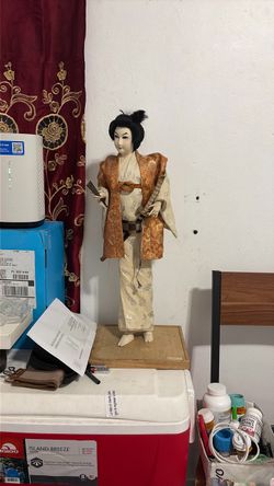 Japanese Samurai Figurine Doll on Wood Base