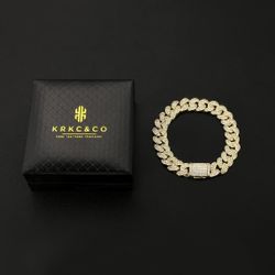 KRKC&CO 8 inches Cuban Link Bracelet, 14k Gold plated Iced Out Bracelet for Men,