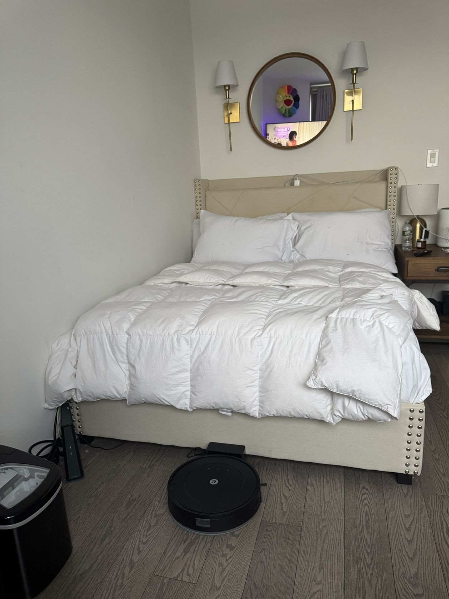 Full Size Beige Storage Bed Frame And Mattress with USB Ports & 4 Drawers