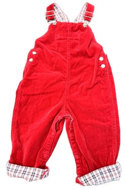 Vintage Red Corduroy Baby Overalls with Plaid Lining