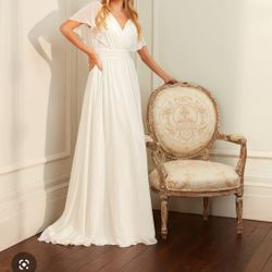 NEW Elegant V Neck Ruffle Sleeve Chiffon White Dress Women Size L