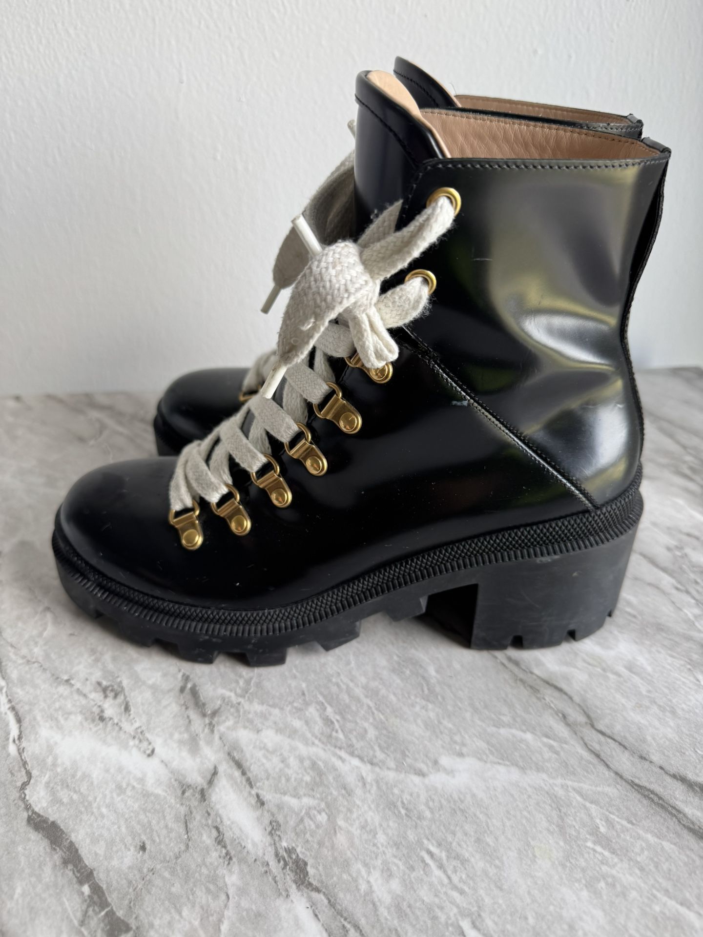 Gucci Sylvie Web Leather Bootie, Ankle Boots, Black, Size 37