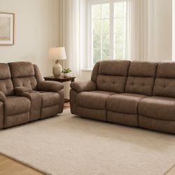 (DELIVERY 🚚)brown Tan  Tuffed  Recliner Couch/loveseat With Cupholders 