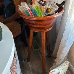 Wood Salad Bowl On A Stand With Wooden Spoon And Fork