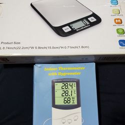ELECTRONIC KITCHEN SCALE(DecoBros)$10.INDOOR THERMOMETER WITH Hygrometer $10.