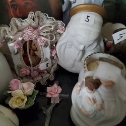 Mary Candle Holders/Jesus In Ceramic Frame $5. Each 