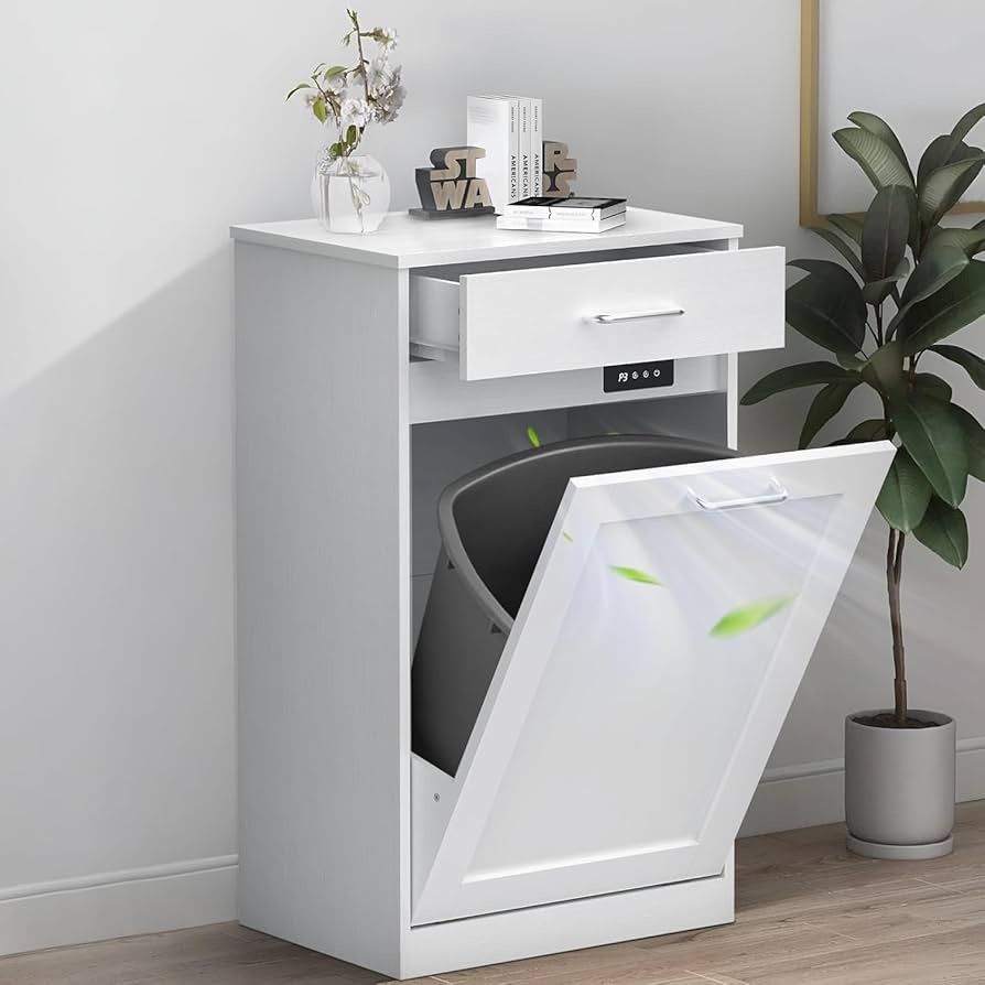 Tilt Out Trash Can Cabinet with Drawer, Premium Negative Ion-Deodorizing Function, Hidden Garbage Can Cabinet, Wooden Kitchen White Trash can 10 Gallo