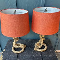 Lot of 2 Pottery Barn Rope Knot Table Bedside 23" tall Lamp Base Nautical WORKS