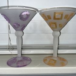 Pair of Frosted Martini Glasses (Orange & Purple w/Geometric Shapes) - NEW