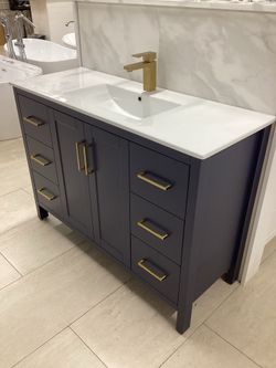 48” bathroom vanity cabinet new blue color fully assembled Softclose drawers doors white ceramic top sink integrated ready for pick up today