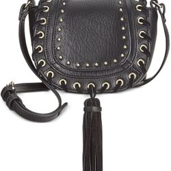 INC Women’s Fiora Faux Leather Studded Black Saddle Handbag 
