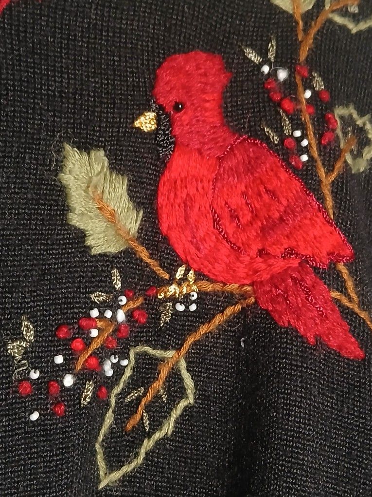 Vtg Womens Christmas Cardinal Wool Blend Beaded Embroidered Cardigan Size Large