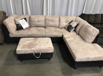Brand New Beige Microfiber Sectional With Storage Ottoman & 2 Decorative Pillows