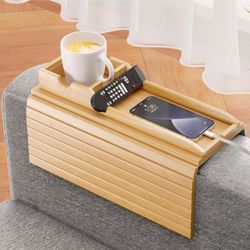 Bamboo Sofa Armrest Tray - Couch Arm Tray with Detachable Couch Cup Holder - 2 in 1 Anti-Slip Foldable Sofa Armchair Caddy Table - Cup Holder for Drin