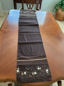New Table Runner 72” X 14”, Brown With Embroidery And Ribbon Floral Work On Edges. 