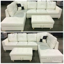 Brand New White Leather Sectional With Storage Ottoman 