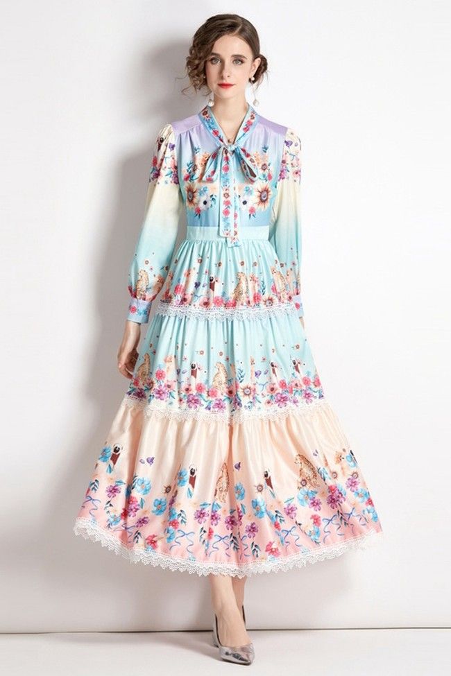 Runway Fashion  2-Tone Floral, Bow-Neck, Lace Trim, Women Tiered Ruffled Cocktail, Party, Wedding Guest Dress