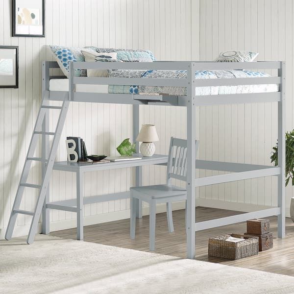 Gray FULL SIZE LOFT BED WITH DESK AND LADDER