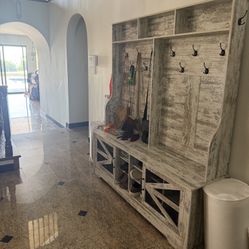 White Distressed Hall Tree Shoe Storage 