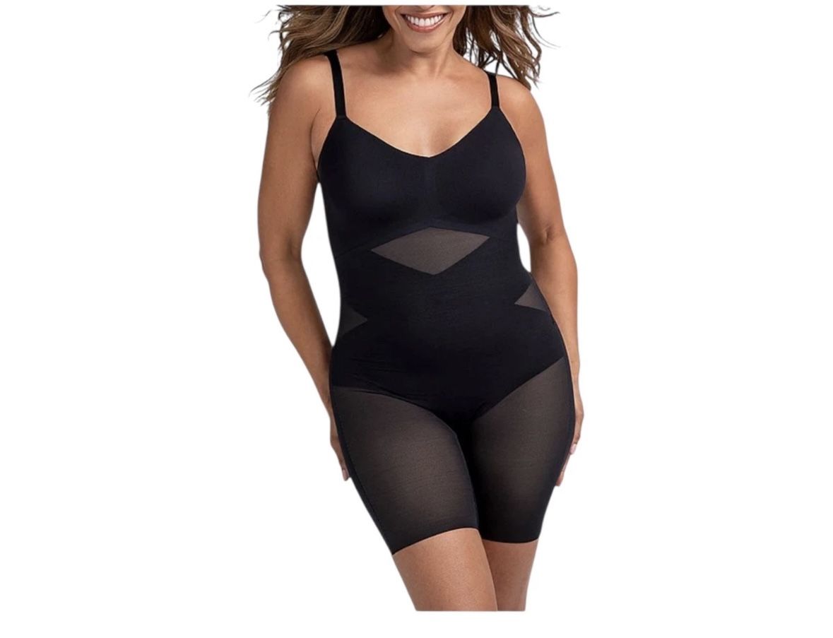 HONEYLOVE Black mid-thigh bodysuit with mesh cutouts