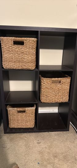 Black 6-cube storage unit with 3 woven baskets