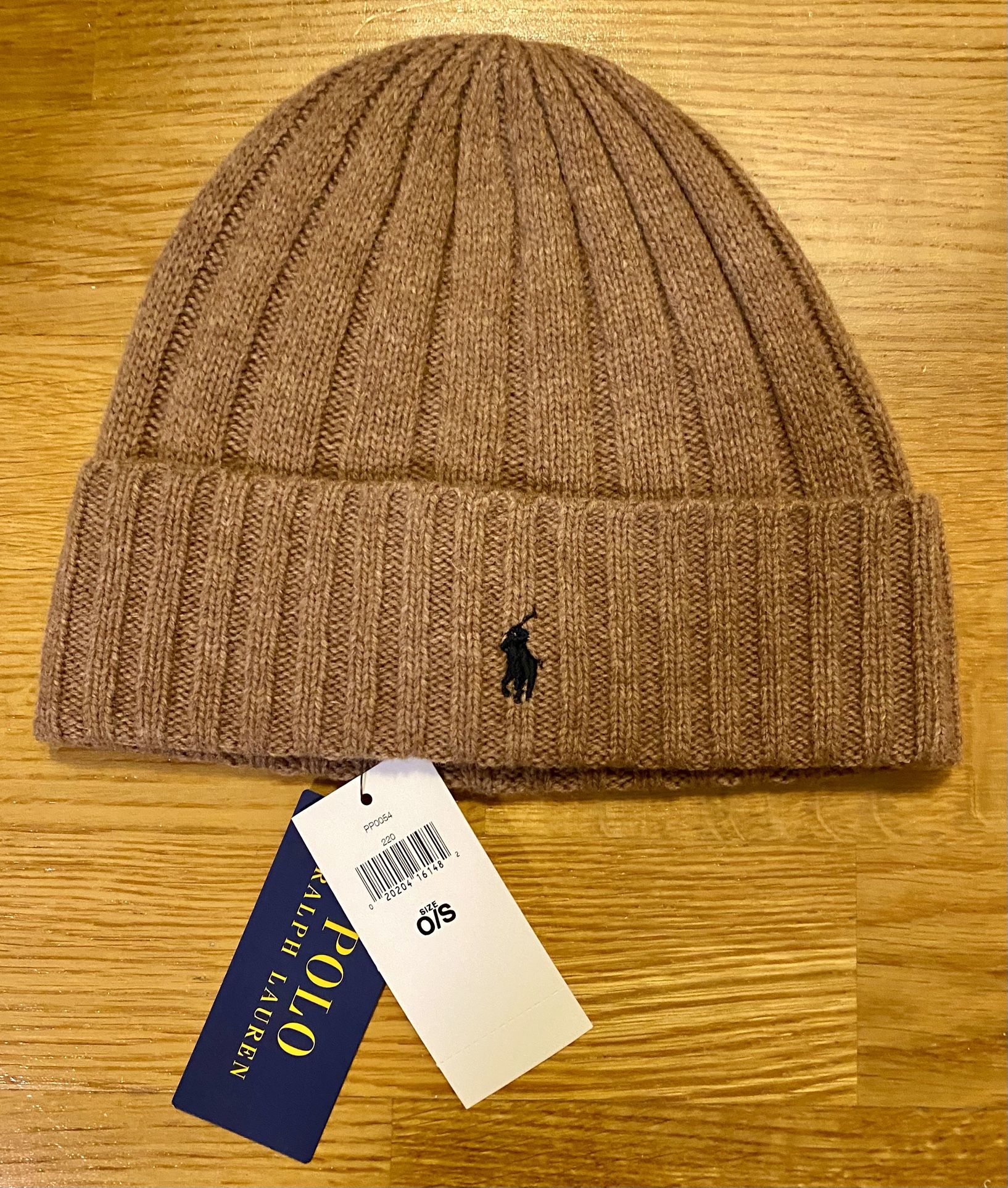 New POLO RALPH LAUREN Mens Beanie Hat,Wool Ribbed Cuff Pony Logo, Brown / Tan