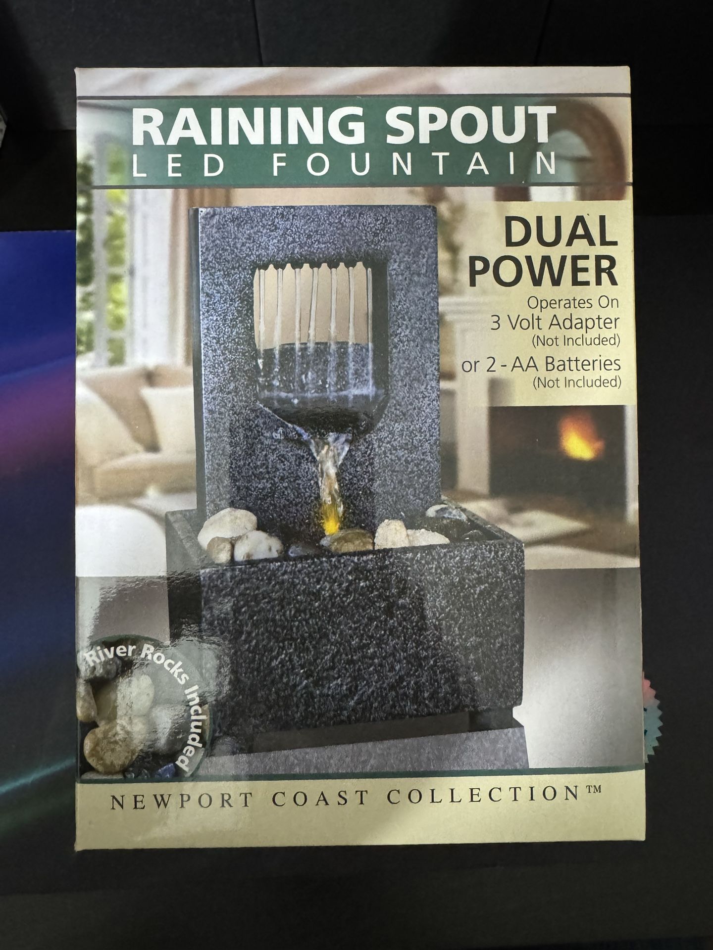 New - Raining Spout LED Relaxation Water Fountain with Authentic River Rocks