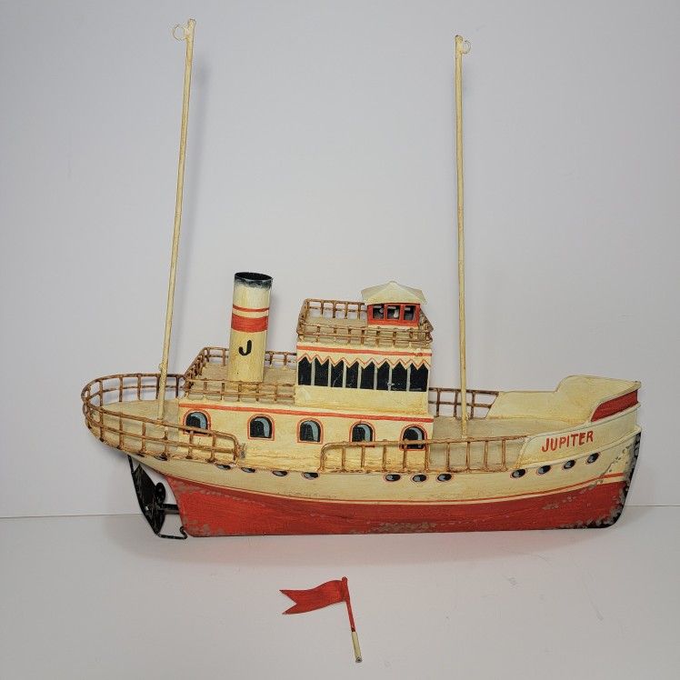 Jupiter Tin Tugboat Vintage 18” x 10", 7" Poles, Hand-Painted, Moving Pieces,
