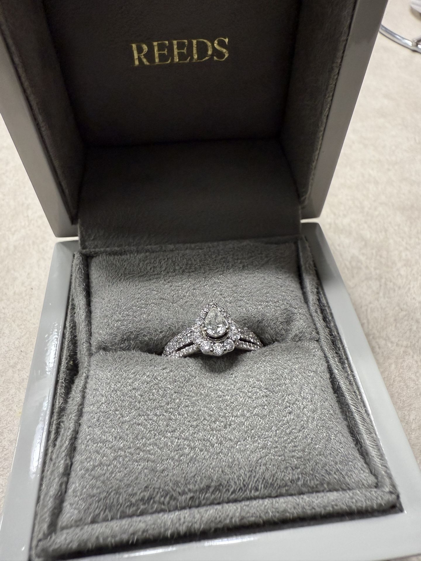  Stunning Pear-Shaped Diamond Engagement Ring – Size 6.5 (Reeds Jewelers) 