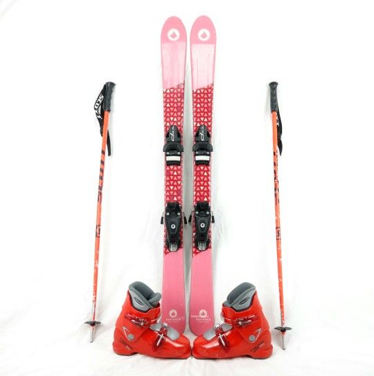 120 cm Defiance Trio SKIS + BOOTS + POLES PACKAGE with bindings kids snowskis for children kid girl youth size 120cm 115 120 length pink