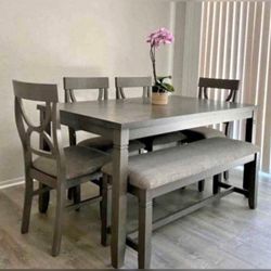 6 Pieces Gray Color Dining Table Set With Bench