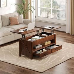 277 Split Lift Top Coffee Table with 2 Drawers in Espresso, 47'' Modern Farmhouse Center Table, Dual Rising Tabletops & Hidden Storage Compartment for