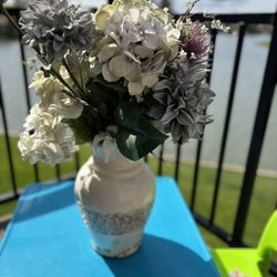 White And Brown Designed Vase . With Fake Flowers