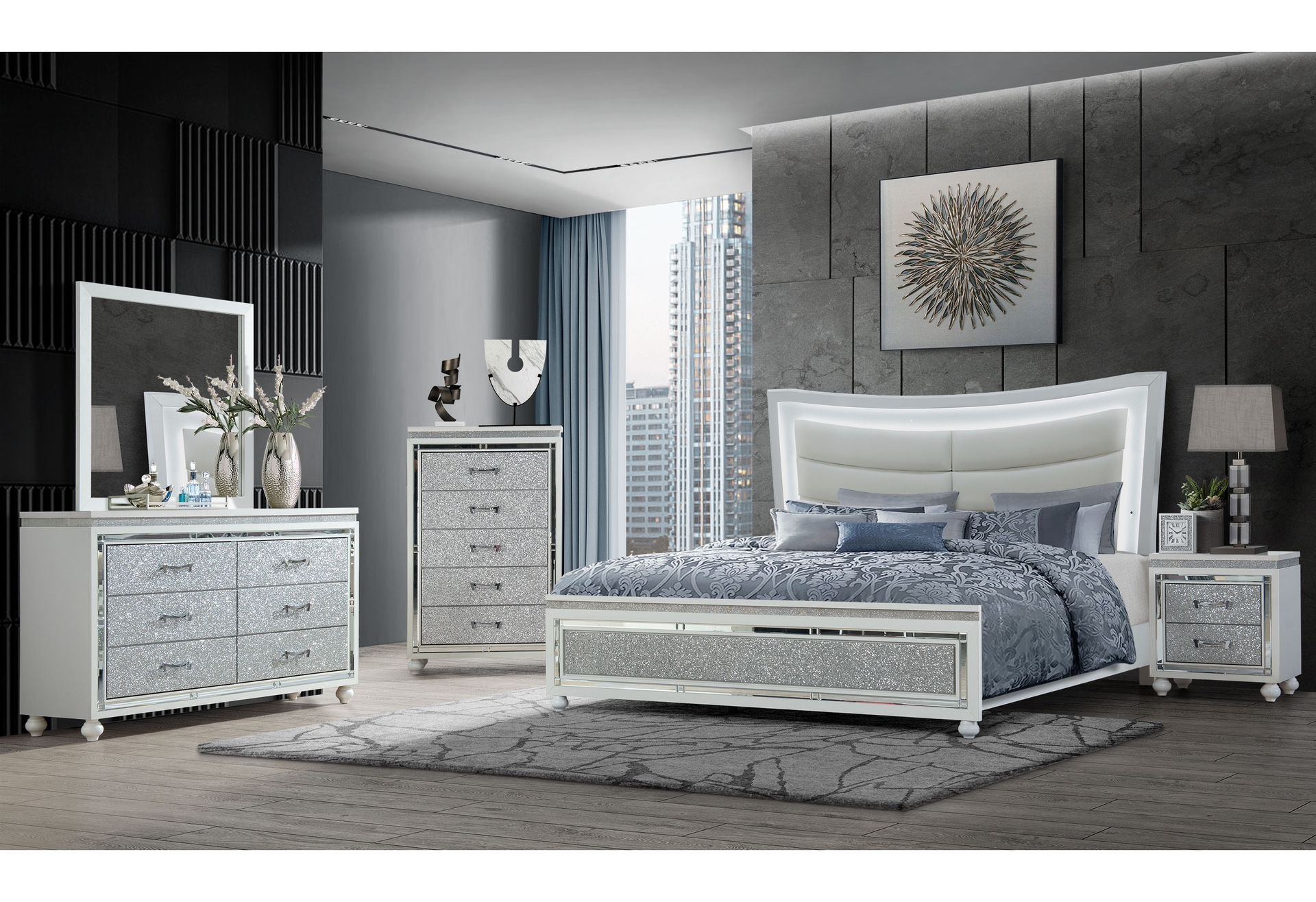 Brand New Queen Size Bedroom Set LED 5 Pc