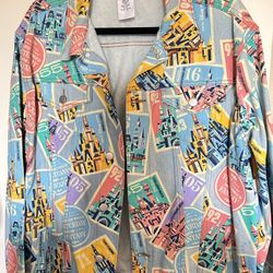 Disney Castles of Disney Parks D23 Postage Stamps Denim Jacket Size L NEW