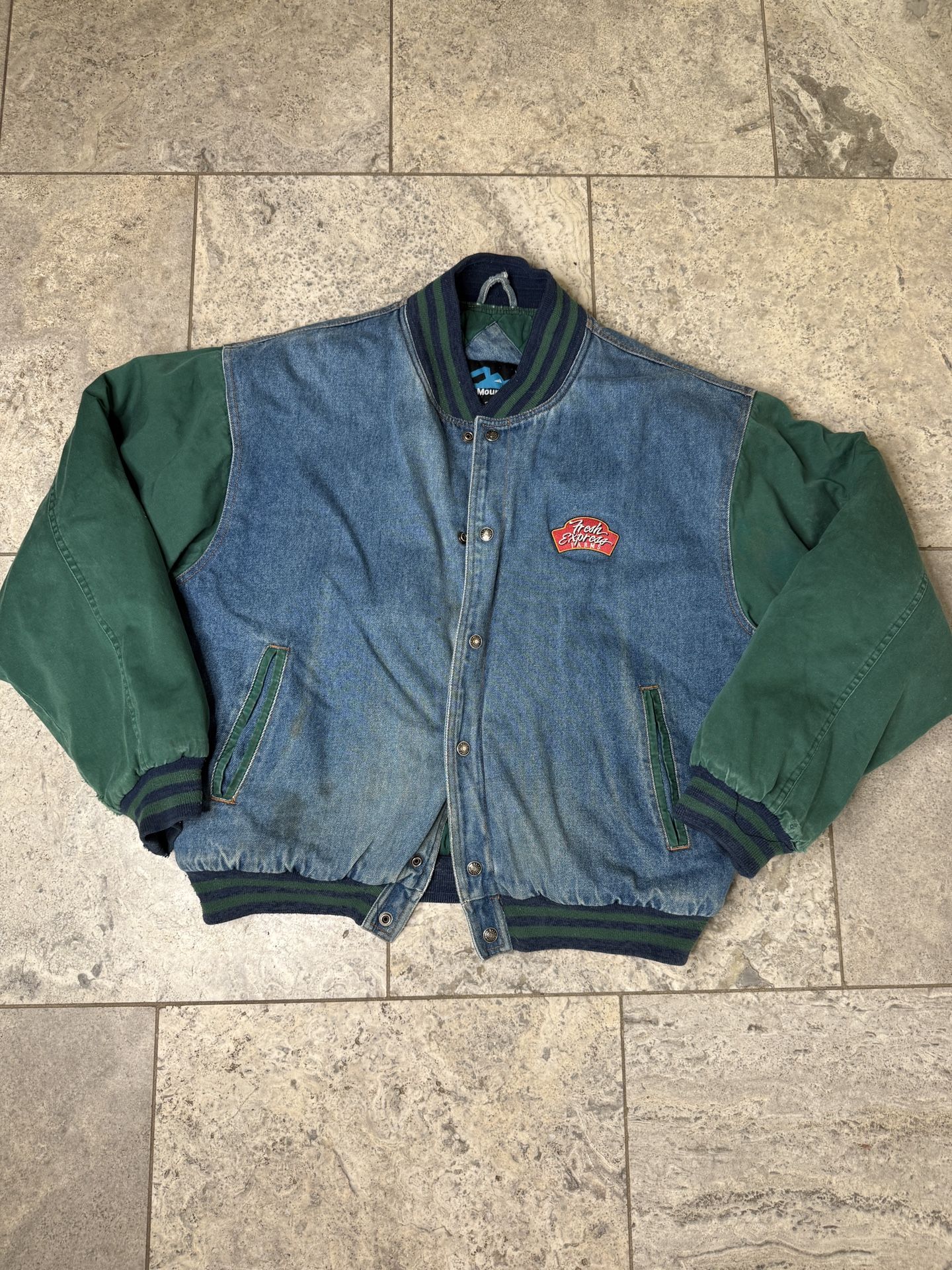 Vintage Tri Mountain Denim Blue Green Bomber Jacket XL Fresh Express Farms