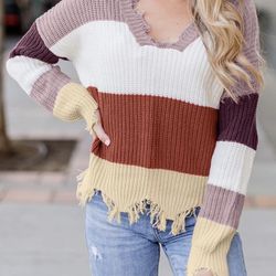 Women Loose Long Sleeve V Neck Striped Color Block Ripped Knit Pullover Sweater Crop Tops,Small Red