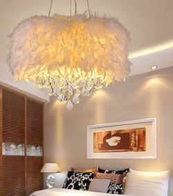 White Drum Pendant Chandelier Modern 5/6/9-Light Feather Hanging Lamp with Crystal Drop